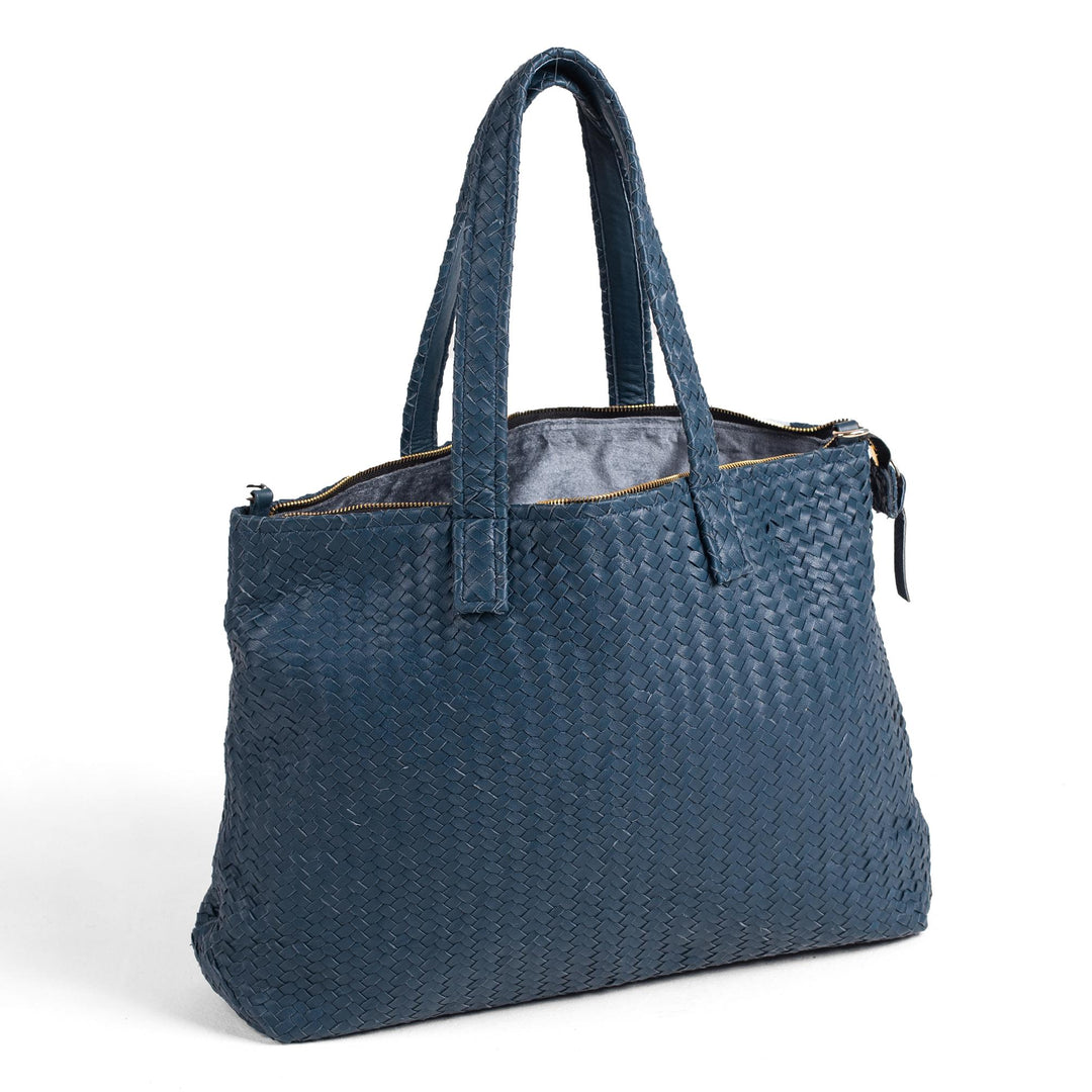 Handmade Woven Original Leather Bag With Zipper-Blue - Image 1