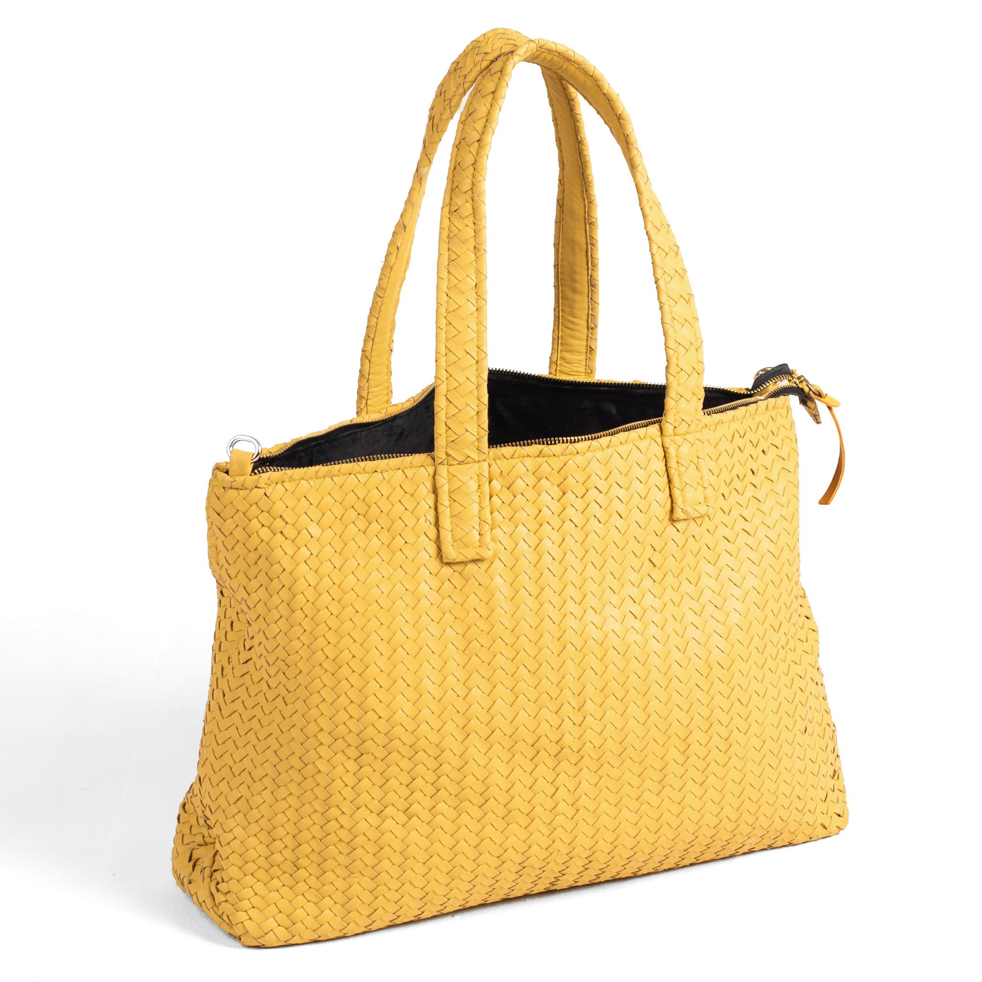 Handmade Woven Original Leather Bag With Zipper-Yellow - Image 1