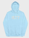 Front view of the 1977 Essentials Hoodie light blue pullover with the light numerical '1977' logo across the chest.