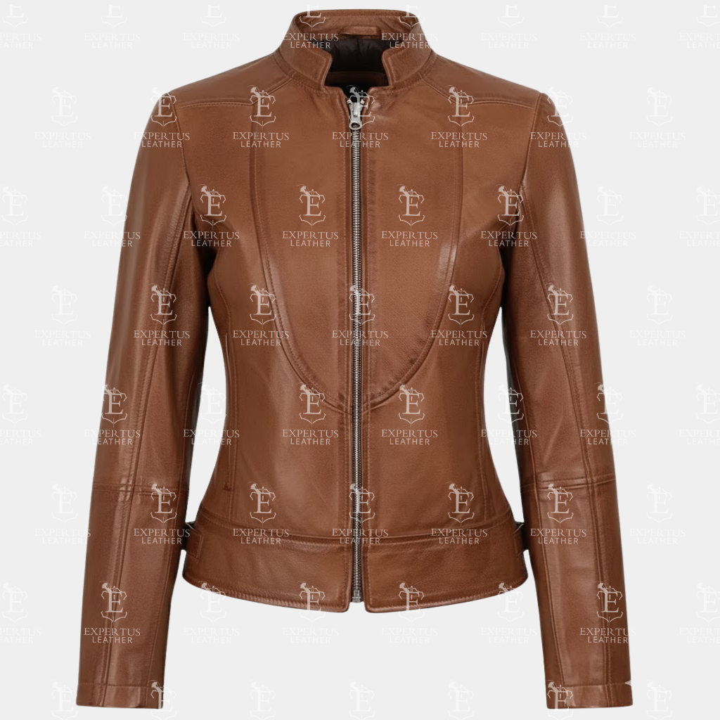 Women's Stand Collar Brown Leather Jacket