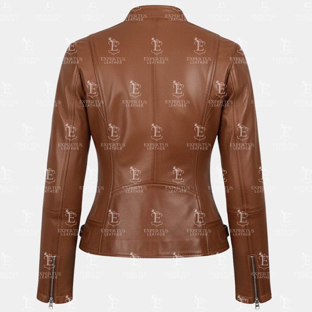 Women's Stand Collar Brown Leather Jacket