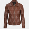Women's Stand Collar Brown Leather Jacket