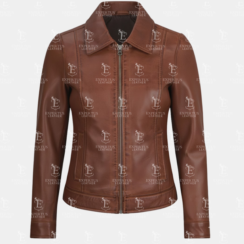 Women's Stand Collar Brown Leather Jacket