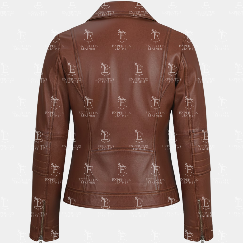 Women's Stand Collar Brown Leather Jacket