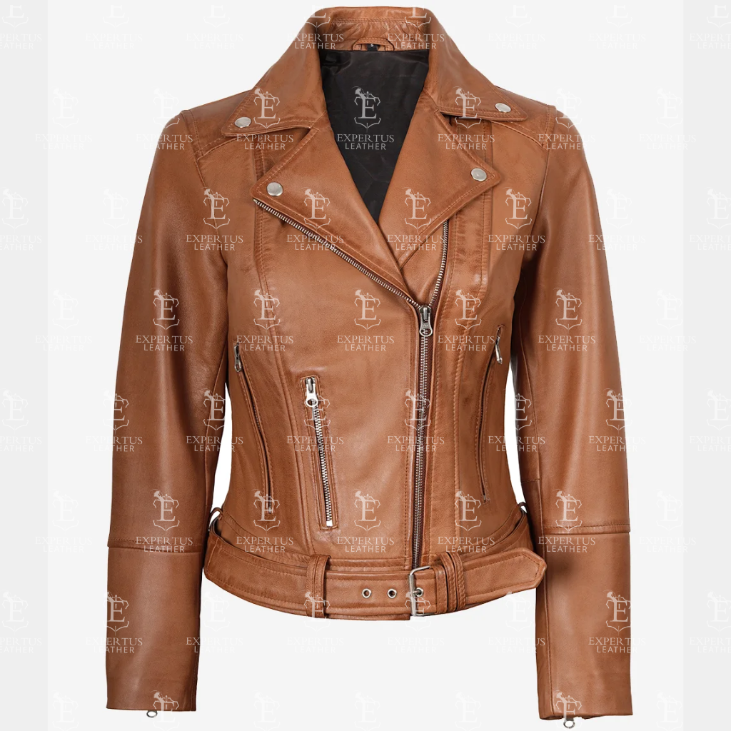 Women's Brown Asymmetric Leather Biker Jacket