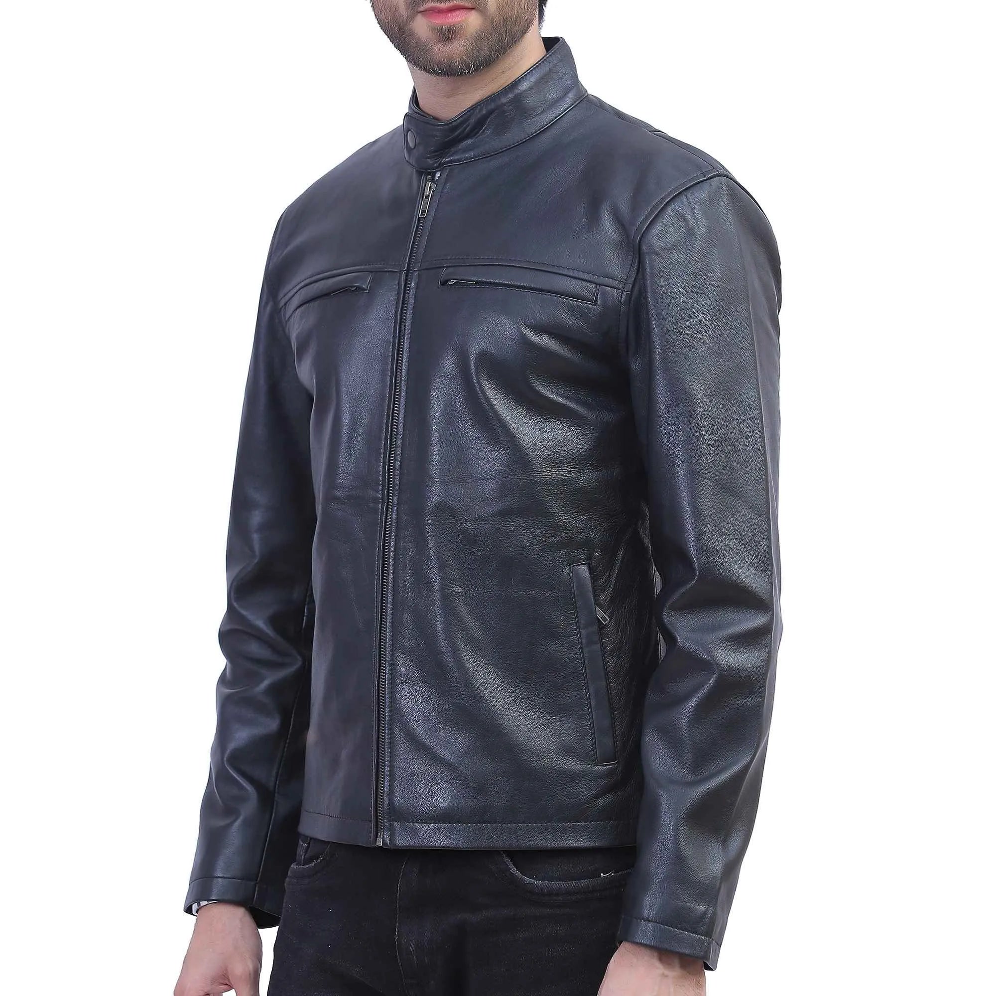 Mens Cafe Racer Black Leather Jacket
