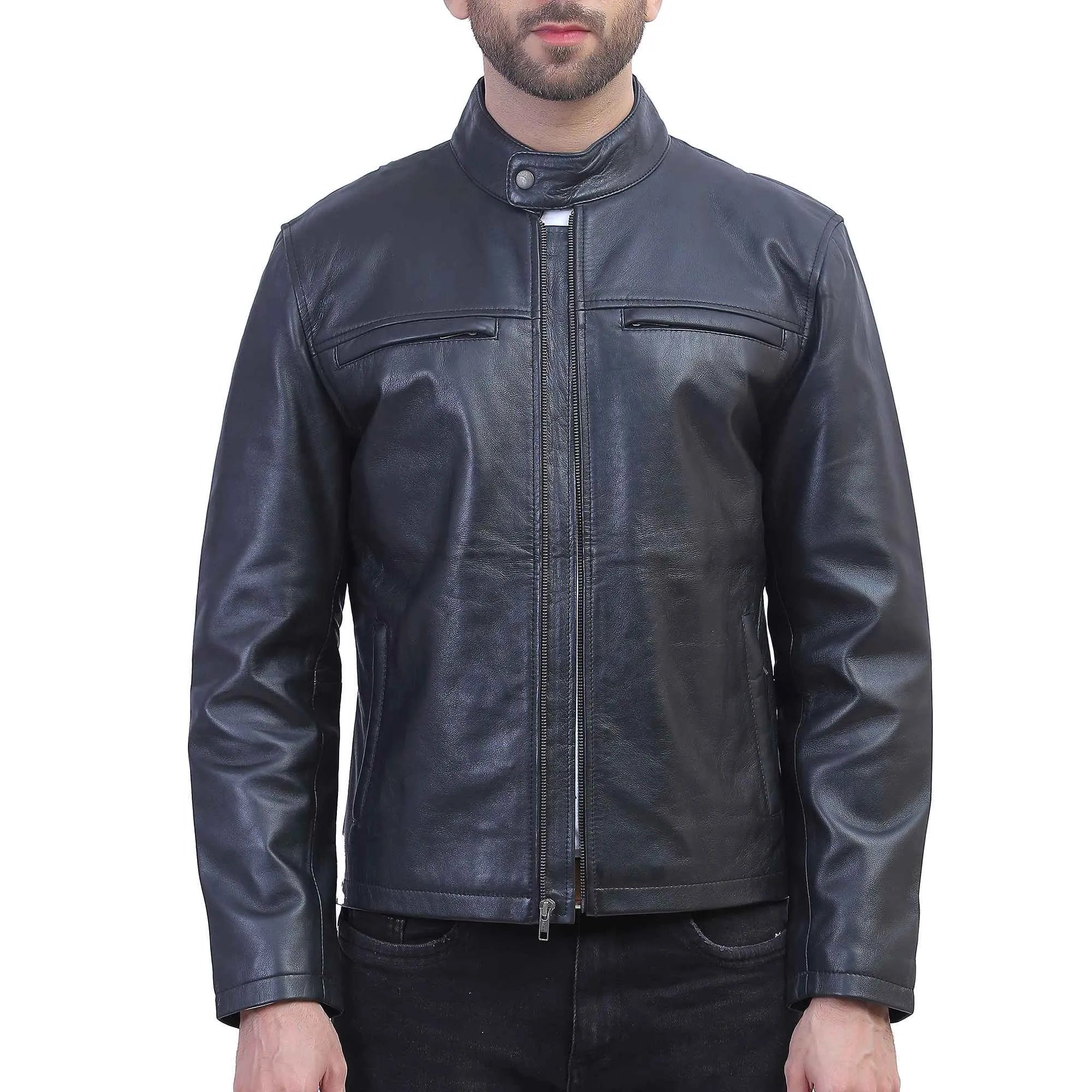 Mens Cafe Racer Black Leather Jacket