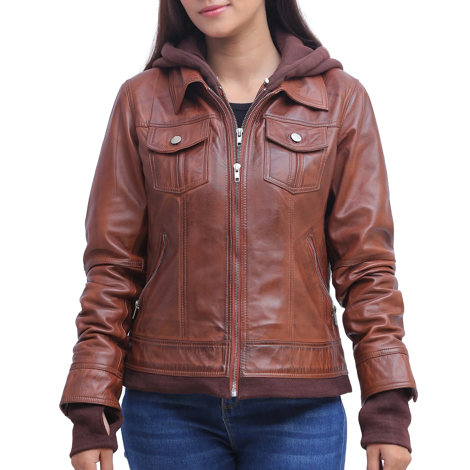 Womens Brown Leather Jacket With Hood