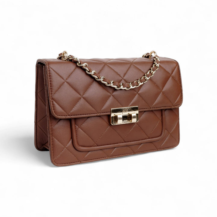 Flora Quilted Crossbody Leather Bag - Tan Brown - Image 7