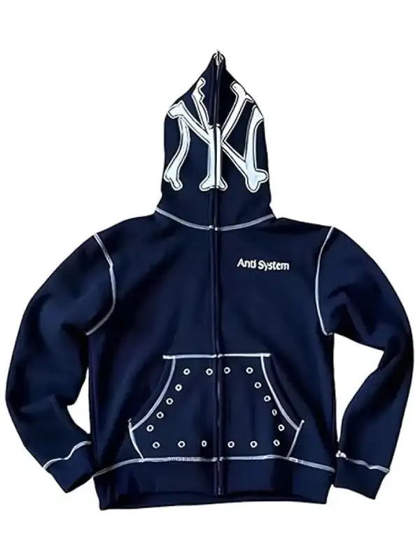 Navy blue Anti System full-zip hoodie with white contrasting stitching and New York logo hood design.
