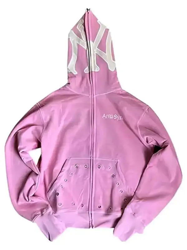 Front view of pink Anti System full-zip hoodie
