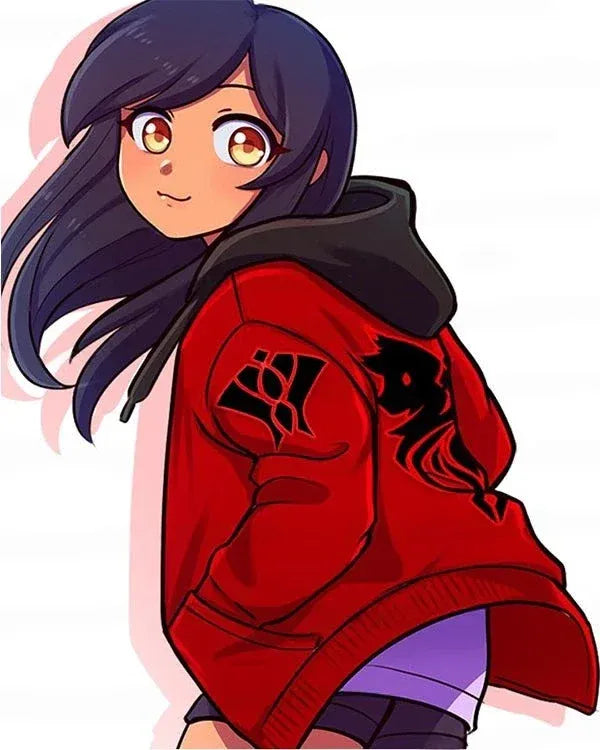 Animated character wearing a red hoodie with black designs on a white background