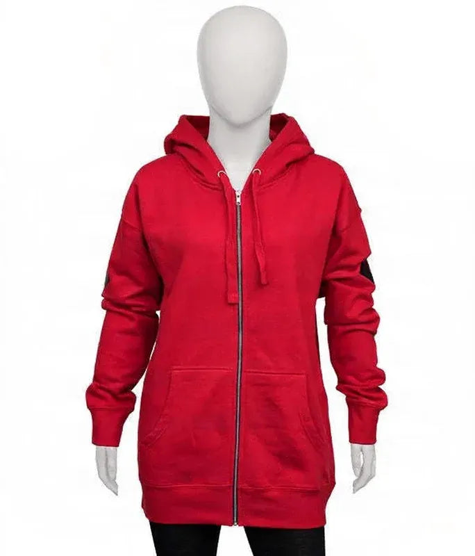 Red hoodie on a mannequin against a white background