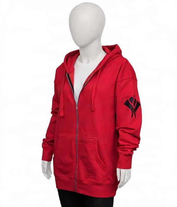 Red hoodie with a black logo on a white background