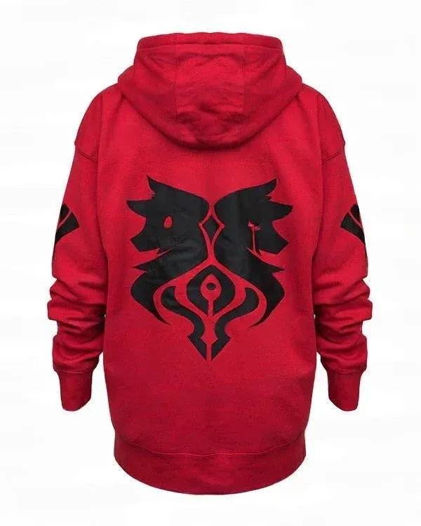 Red hoodie with black wolf design on the back against a white background