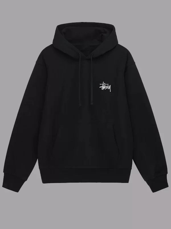 Front view of black Stussy pullover hoodie