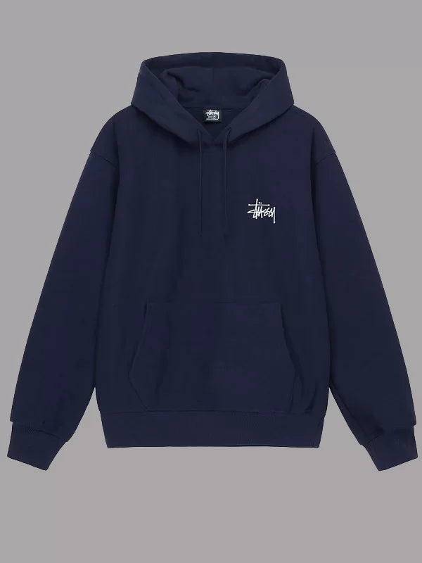 Front view of navy blue Stussy pullover hoodie