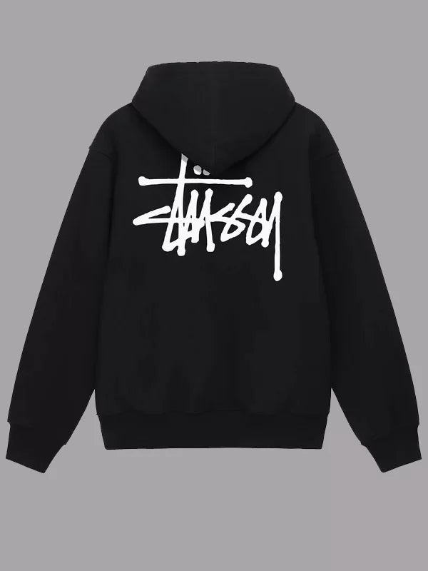 Back view of black Stussy hoodie