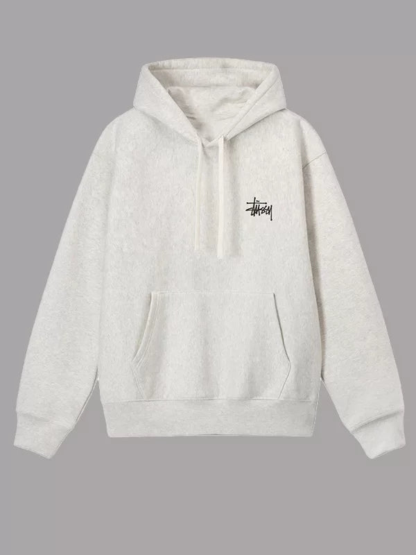 Front view of beige Stussy pullover hoodie