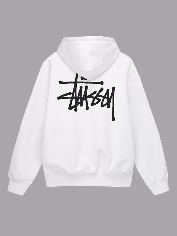 Back view of white Stussy pullover hoodie