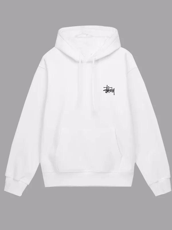 Front view of white Stussy pullover hoodie