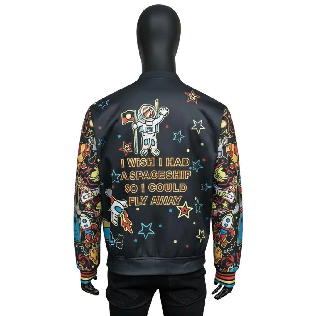 Black jacket with colorful astronaut graphics and text on a mannequin against a white background