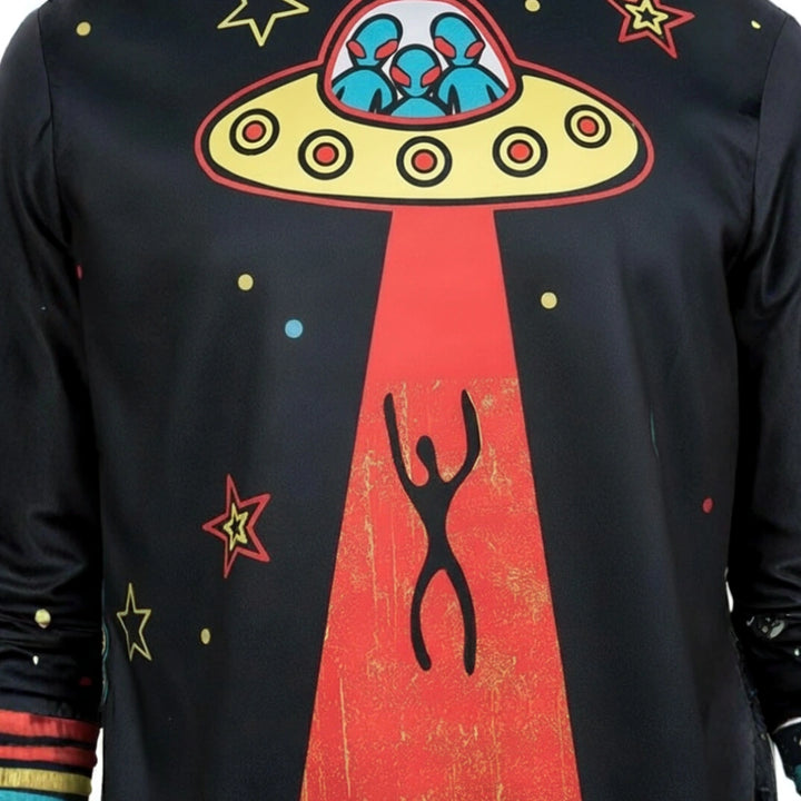 Black shirt with a colorful UFO and alien abduction design.
