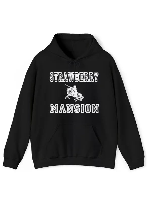 Black strawberry mansion hoodie front view
