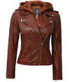 Brown leather jacket with a hood on a white background