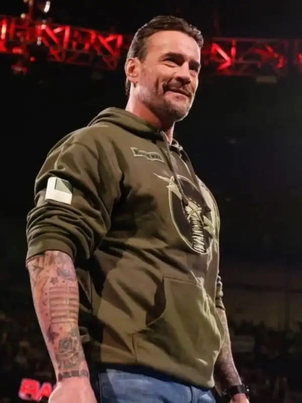 front view of the CM Punk Hoodie in olive green