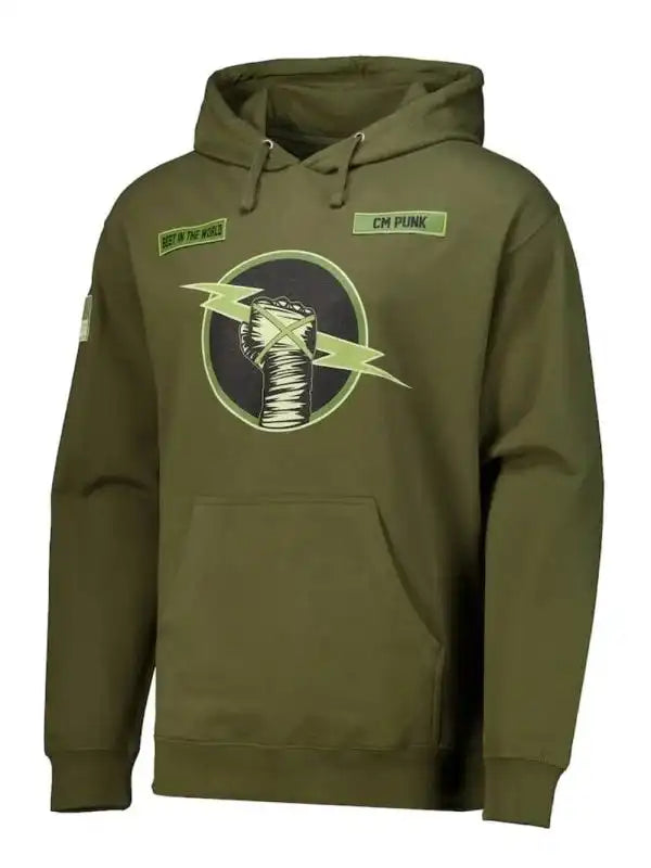 Front view of the CM Punk Pullover Hoodie Green best in the world