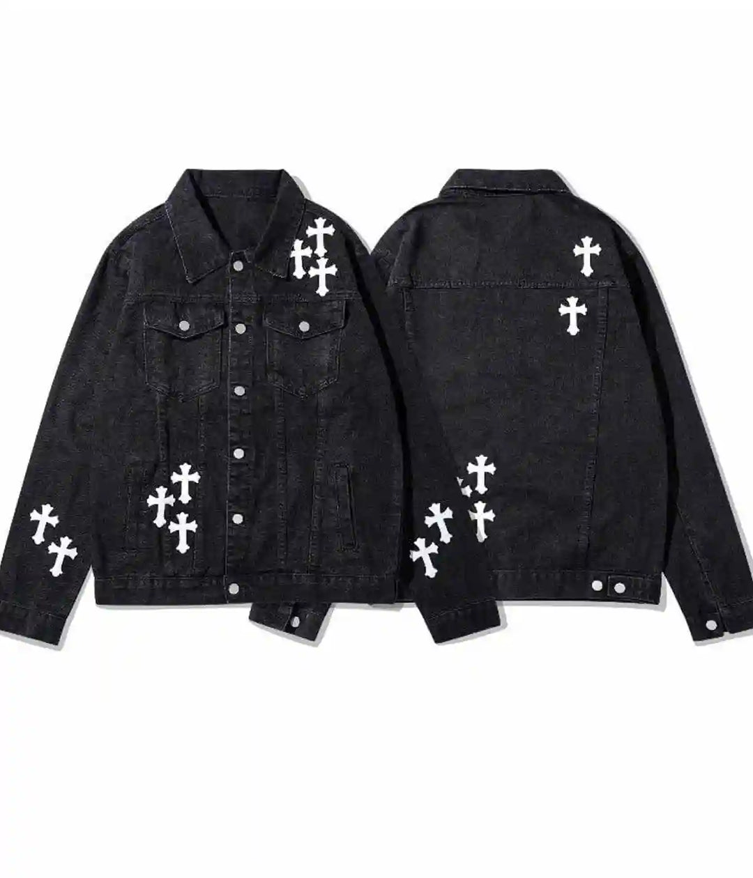 Front and back view of the Chrome Hearts Black Denim Jacket 
