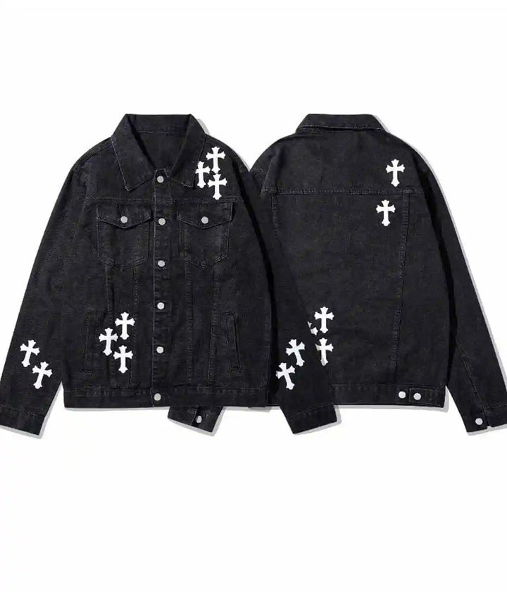 Front and back view of the Chrome Hearts Black Denim Jacket 