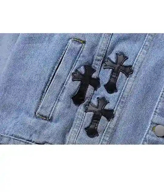 Close up view of the Chrome Hearts Blue Jacket