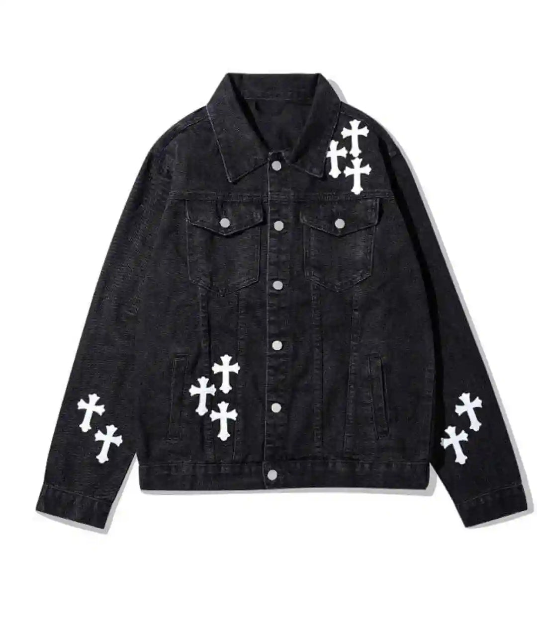 Front view of the Chrome Hearts Denim Jacket Black with white cross patches on chest and sleeves.