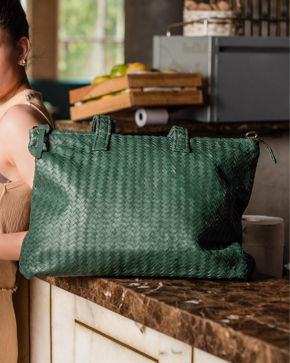 Handmade Woven Original Leather Bag With Zipper-Green - Image 2