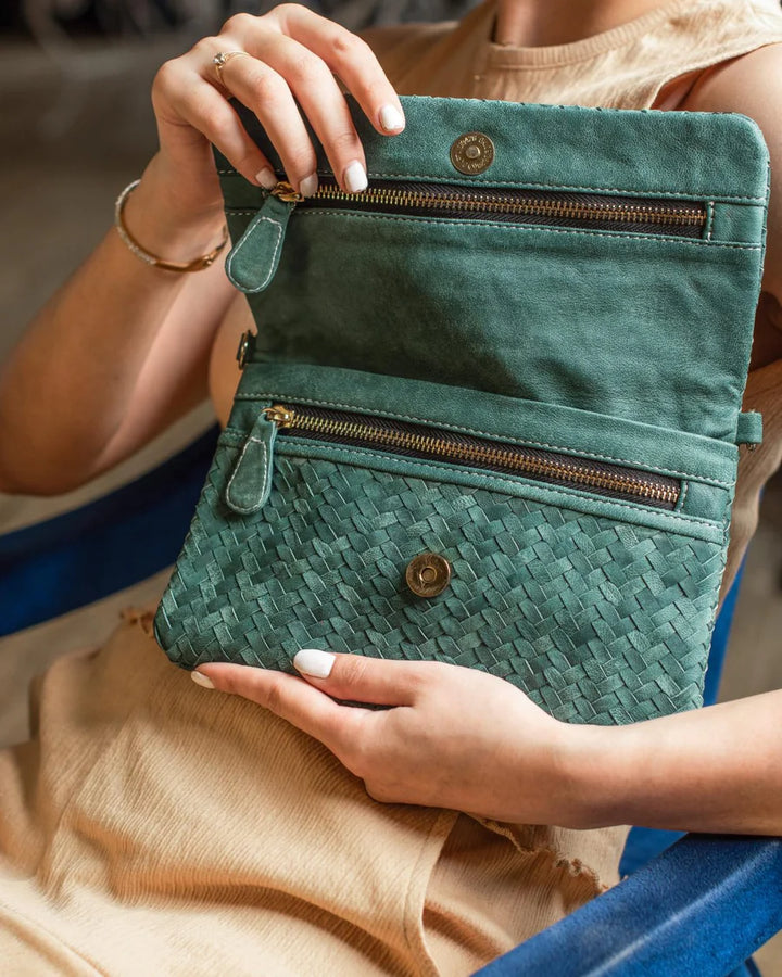 Woven Dreams Fold Over Cross Body Leather Clutch