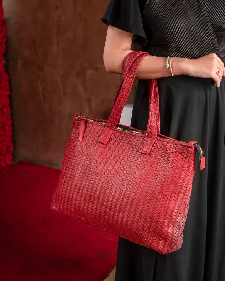 Handmade Woven Original Leather Bag With Zipper-Red - Image 6