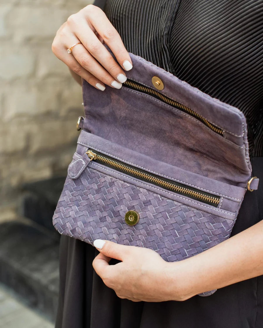 Woven Dreams Fold Over Cross Body Leather Clutch