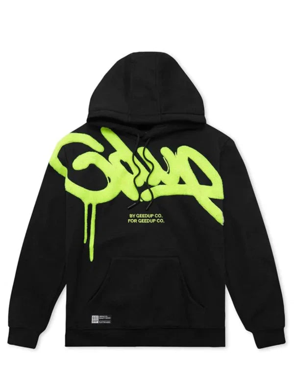 Front view of black Geedup Co. hoodie with large fluorescent green graffiti logo.