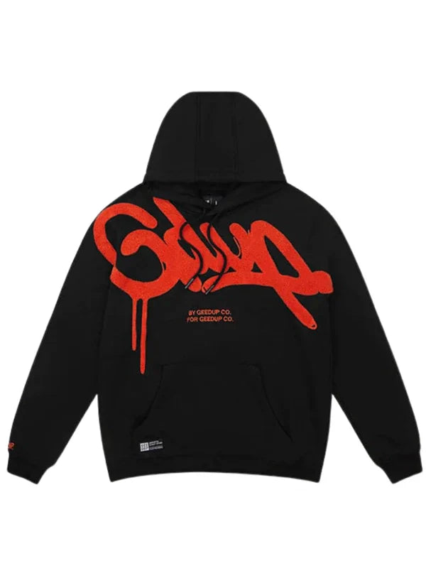 Front view of black Geedup Co. hoodie with large red-orange graffiti drip logo.