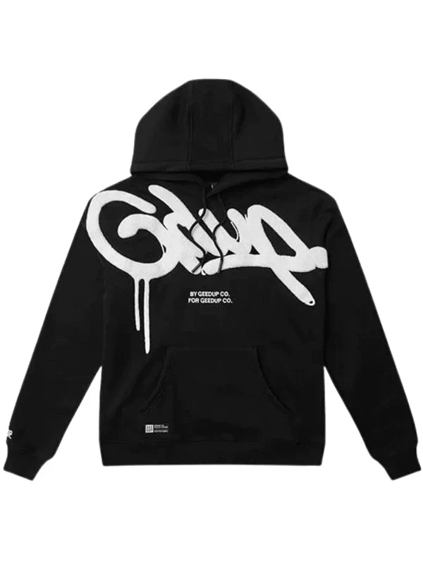 Front view of black Geedup Co. hoodie with large white graffiti drip logo