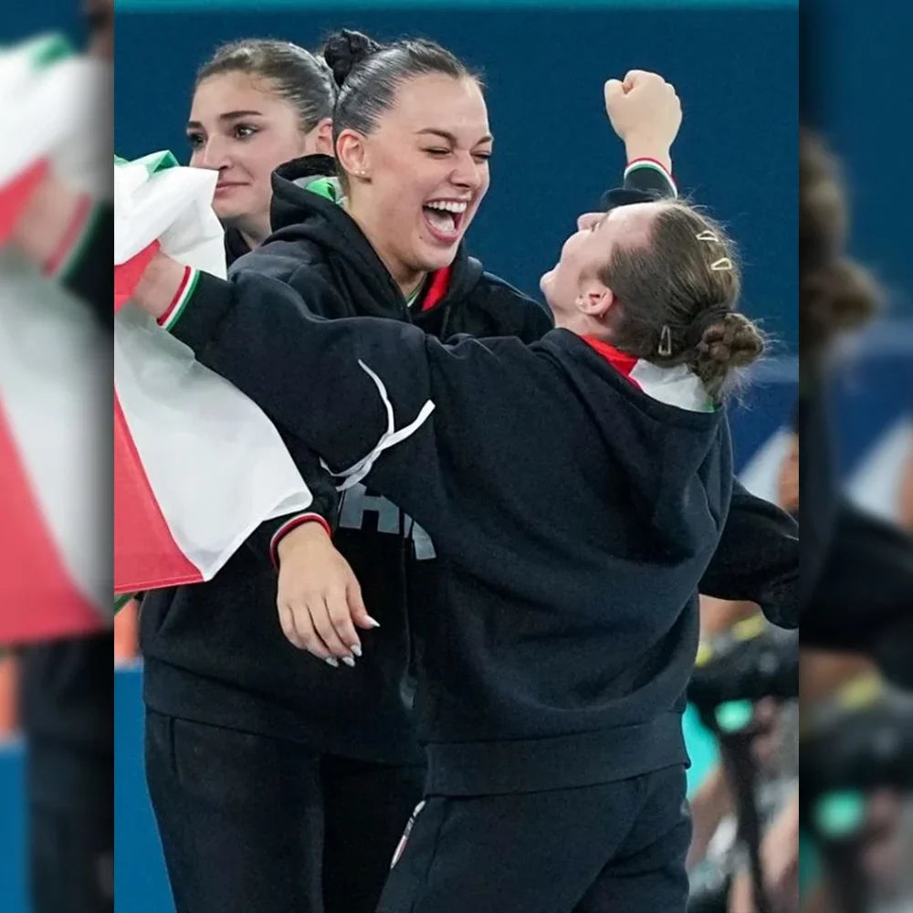 female Olympic athletes wearing the Italia 2024 Olympics Black Hoodie