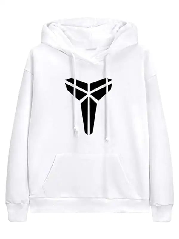 Front view of the Kobe Mamba Halo White Pullover Hoodie white pullover featuring a large black Mamba logo on the chest.