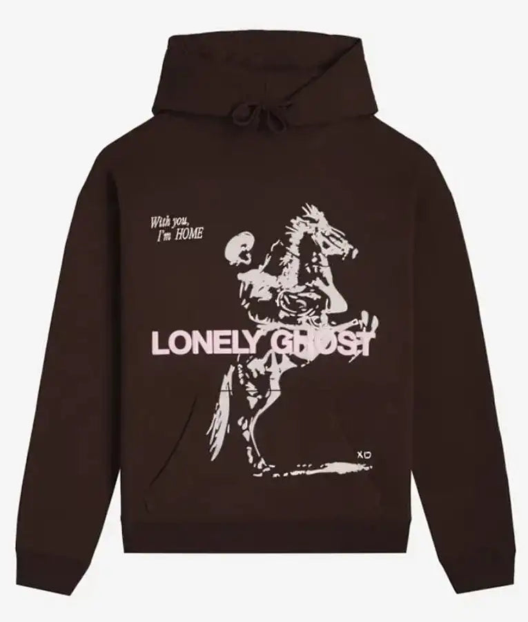 Front view of the Lonely Ghost Feel Like Home Brown Hoodie