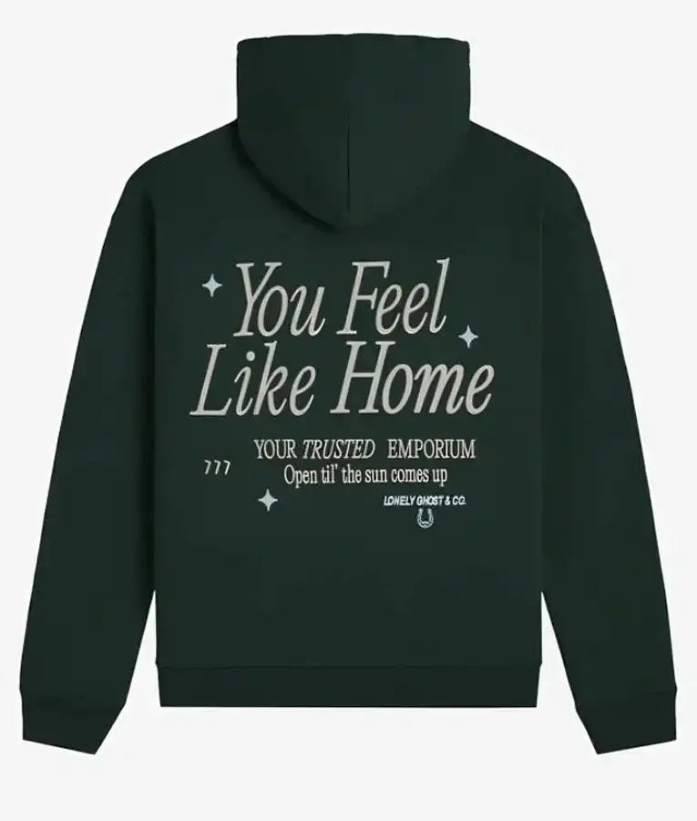 Back view of the Lonely Ghost Feel Like Home Green Hoodie