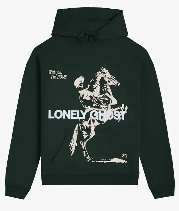 Front view of the Lonely Ghost Feel Like Home Green Hoodie