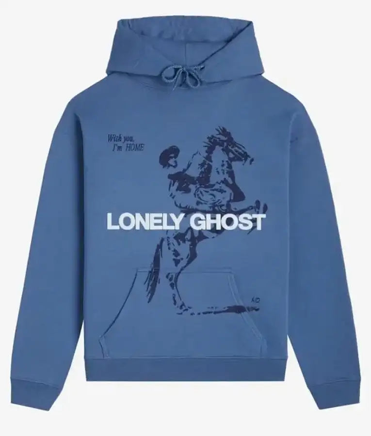 Front view of the Lonely Ghost Feel Like Home Unisex Blue Hoodie