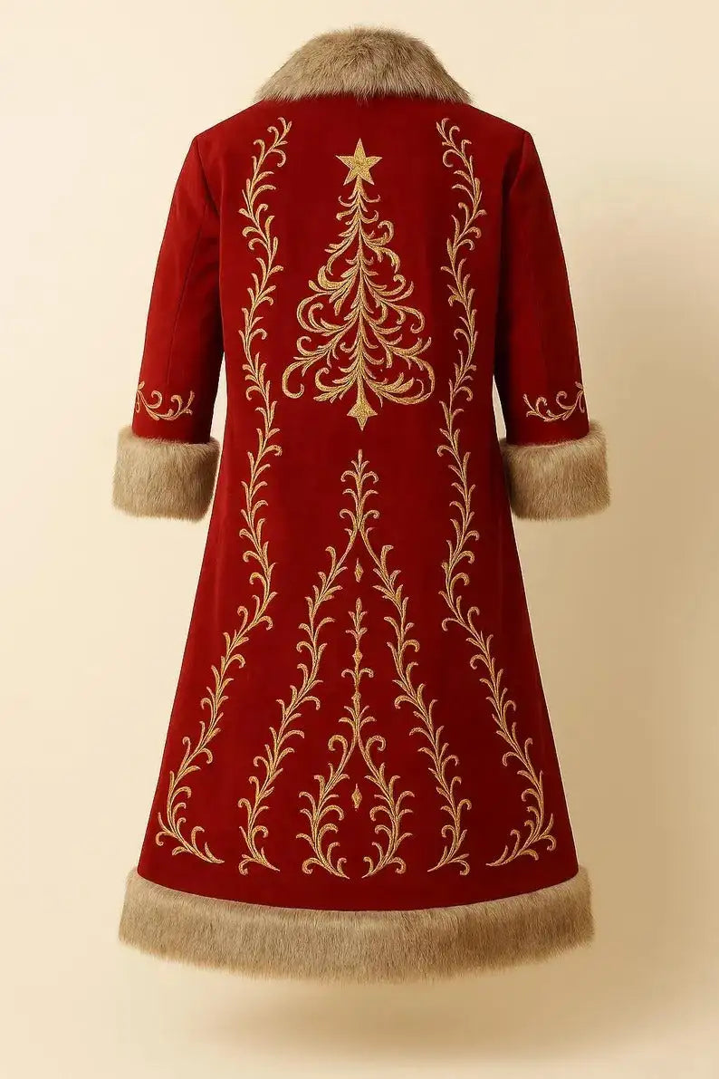Luxury Red Wool Santa Coat with Golden Embroidery & Faux Fur Trim