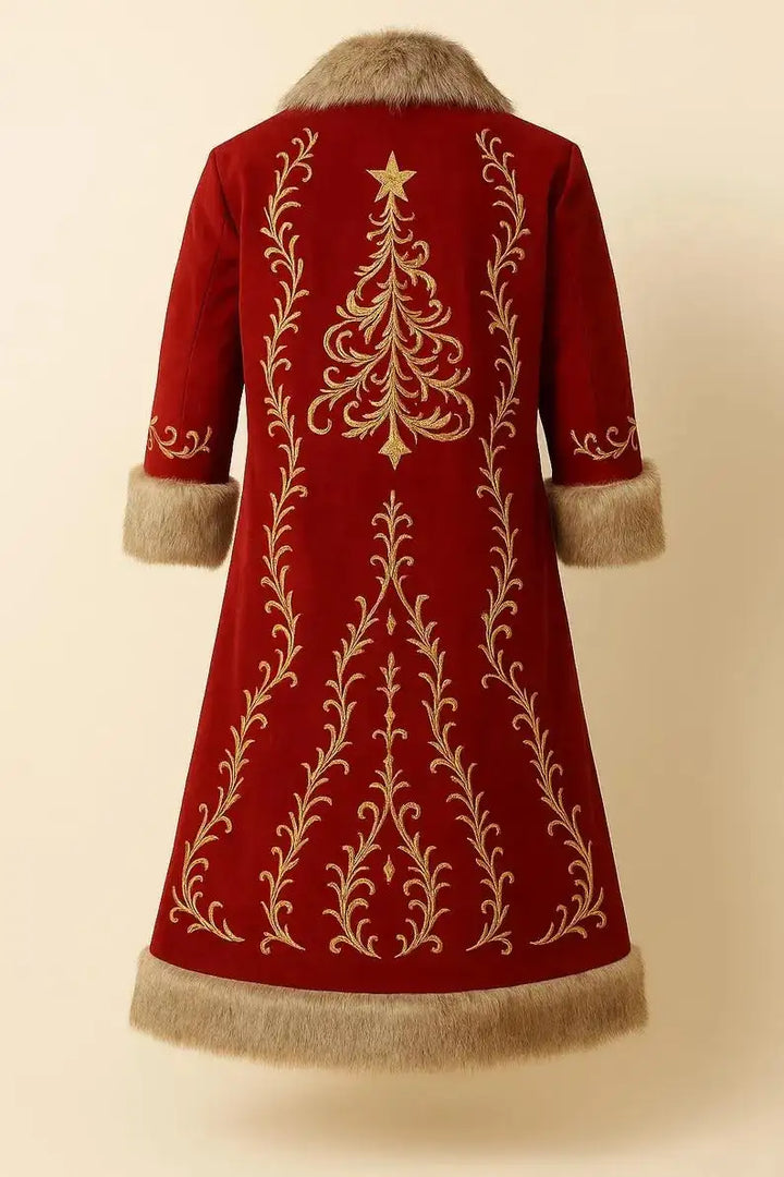 Luxury Red Wool Santa Coat with Golden Embroidery & Faux Fur Trim